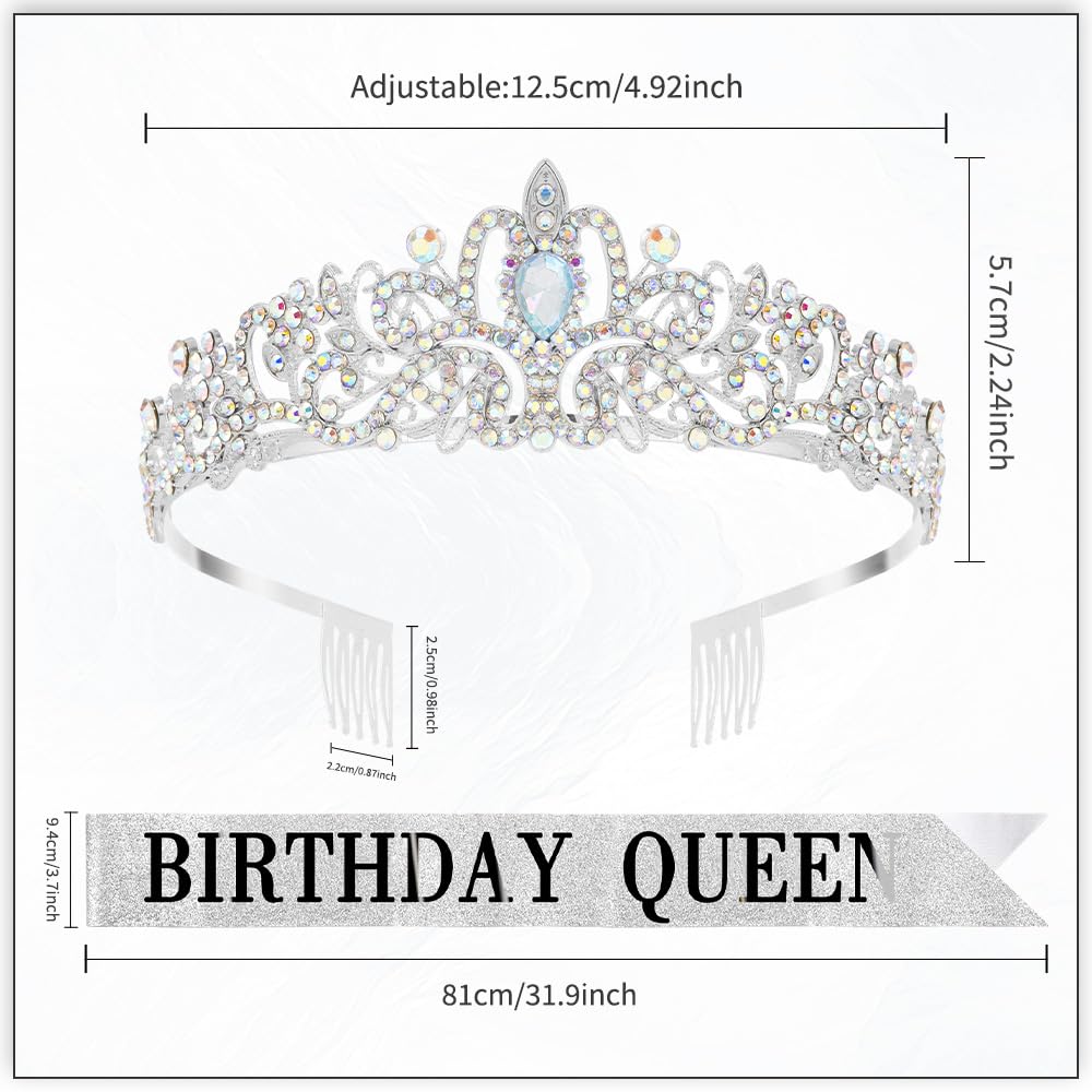 Birthday Sash for Women,Birthday Crown Tiaras for Women,Gold Rhinestone Queen Sash and Crown Tiara Headband for Party Decorations
