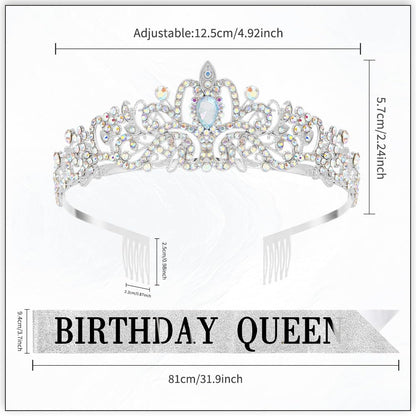 Birthday Sash for Women,Birthday Crown Tiaras for Women,Gold Rhinestone Queen Sash and Crown Tiara Headband for Party Decorations