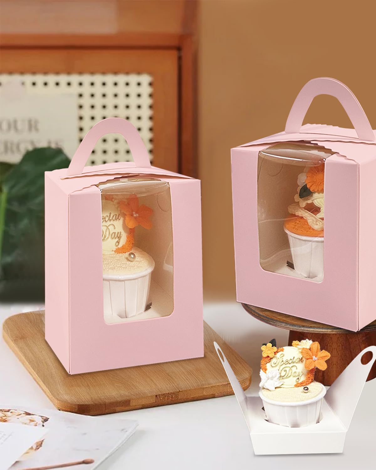 Bakepacker Auto-pop up Individual Cupcake Boxes with Window 60 Count Brown Single Cupcakes Box 3.7 x 3.7 x 4.3inch Cupcake Carrier