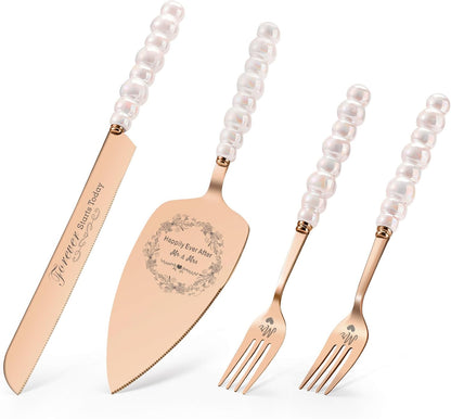Wedding Cake Knife and Server Set, Gold Ceramic Pearl Handle Cake Cutting Set for Weddings, Engagements, Anniversaries, and Engagement Gifts for Couples