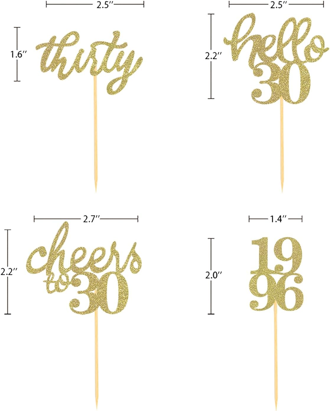 24 PCS Glitter 30th Birthday Cupcake Toppers for Celebrating Thirty Years Old Birthday Party Decorations for 30th Anniversary Party Supplies (Gold)