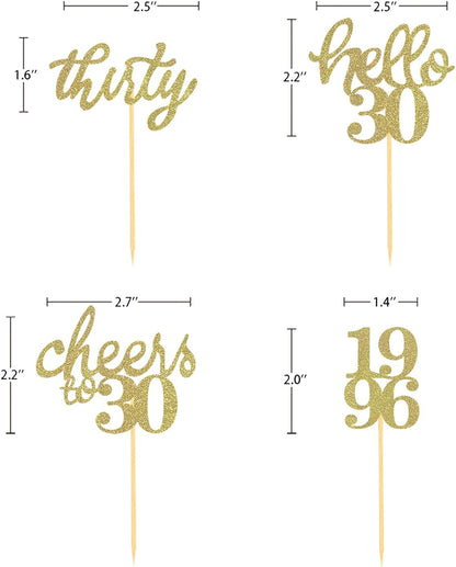 24 PCS Glitter 30th Birthday Cupcake Toppers for Celebrating Thirty Years Old Birthday Party Decorations for 30th Anniversary Party Supplies (Gold)