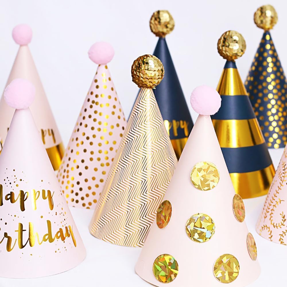 JOYEONDEF 30 Pcs Gold Birthday Party Hats Cone Hats Includes 8 Birthday Paper Hats and 22 Noise Makers
