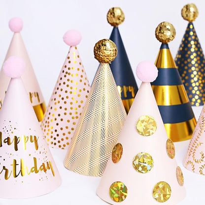 JOYEONDEF 30 Pcs Gold Birthday Party Hats Cone Hats Includes 8 Birthday Paper Hats and 22 Noise Makers
