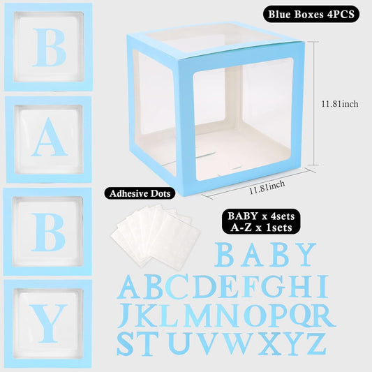 Voircoloria Baby Boxes with 42pcs Letters for Baby Shower Transparent Balloon Boxes Clear Balloon Box Blocks for Boy Girl Gender Reveal Party and Birthday Party (White)