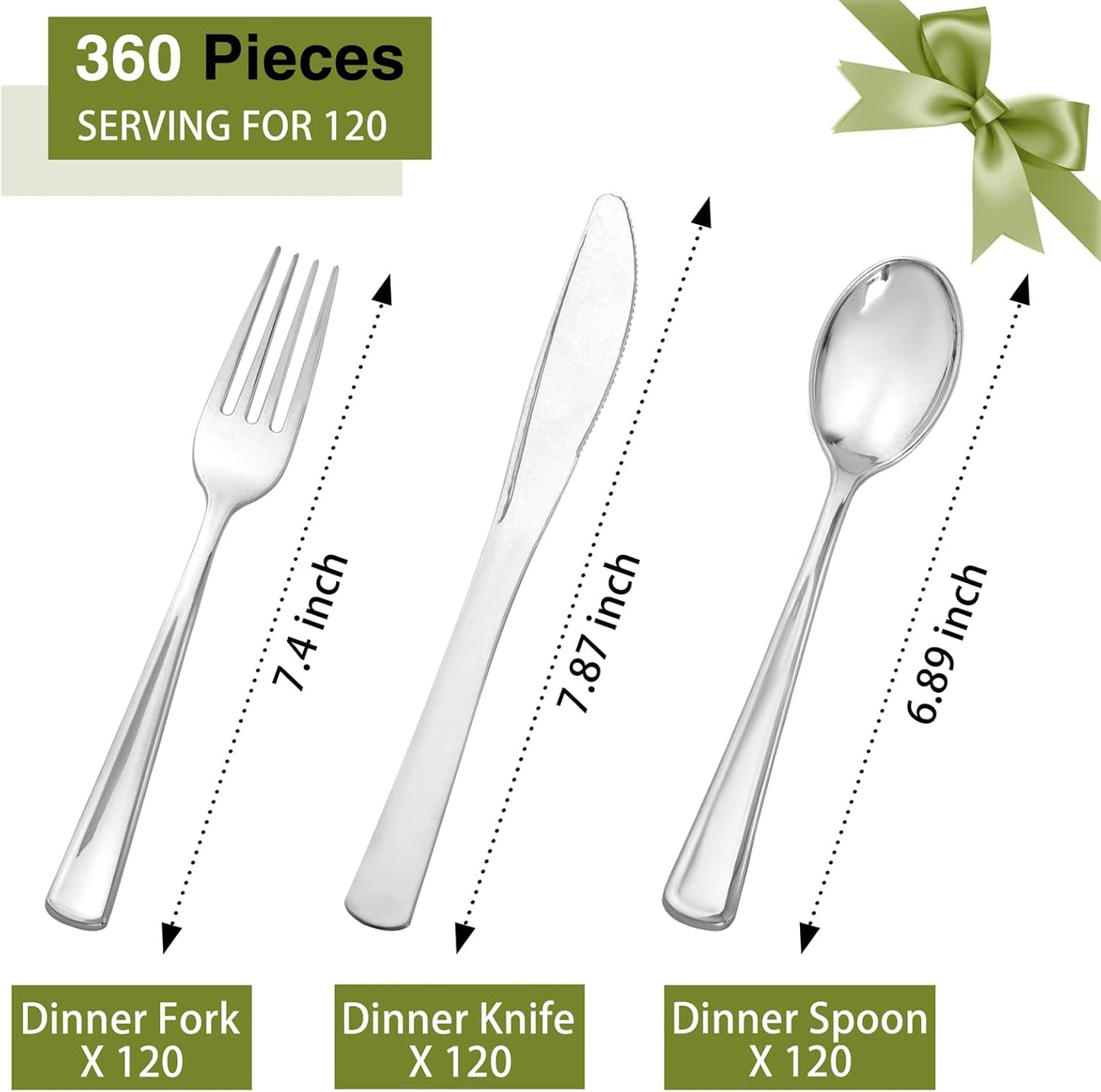 Supernal 360pcs Silver Plastic Cutlery,Elegant Plastic Silverware,Silver Hammed Silverware,Disposable Flatware,Include 120 Forks,120 Knvies,120 Spoons,Perfect for Birthday,Party,Wedding