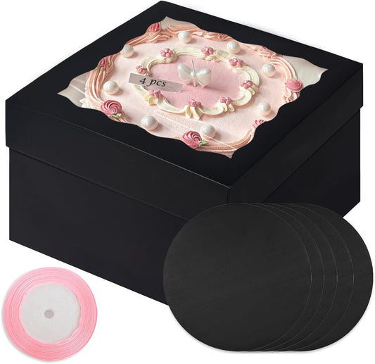 qiqee White 10x10x8 Cake Box, 4 Sets Cake Box with Window ＆ 4 Sets 10" Cake Round Boards, 10inch Cake Containers, 10 Meters Pink Silk Ribbon Includes