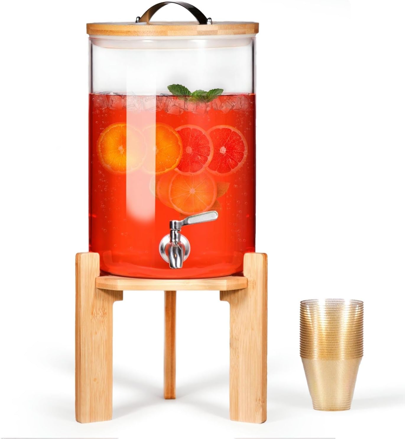 Glass Beverage Dispenser with Bamboo Stand 6.7 In and Lid, Iced 2.9 Gallon Drink Server with Spigot, Large Thick Glass Drink Dispenser for Parties, Hotels, Restaurants, Homes