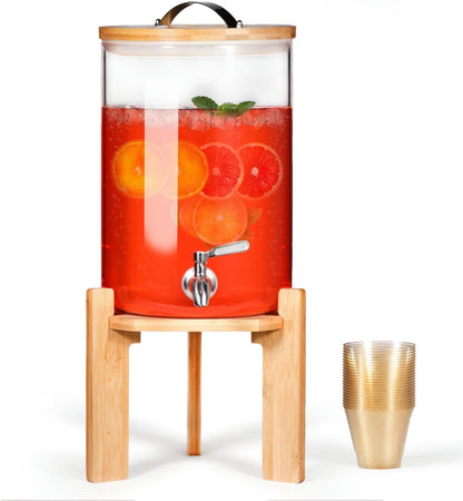 Glass Beverage Dispenser with Bamboo Stand 6.7 In and Lid, Iced 2.9 Gallon Drink Server with Spigot, Large Thick Glass Drink Dispenser for Parties, Hotels, Restaurants, Homes