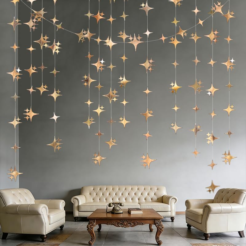 Glitter Gold Four-Angle Star Paper Garland Banner Décor 40 Feet Gold Twinkle Star Hanging Bunting Banner Backdrop for Wedding Baby Shower Birthday Graduation Disco Party Decorations