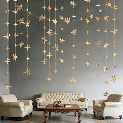 Glitter Gold Four-Angle Star Paper Garland Banner Décor 40 Feet Gold Twinkle Star Hanging Bunting Banner Backdrop for Wedding Baby Shower Birthday Graduation Disco Party Decorations