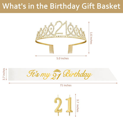 21st Birthday Decorations for Her with 21st Birthday Sash and Crown, Candles Gold, Gifts for 21 Year Old Girls