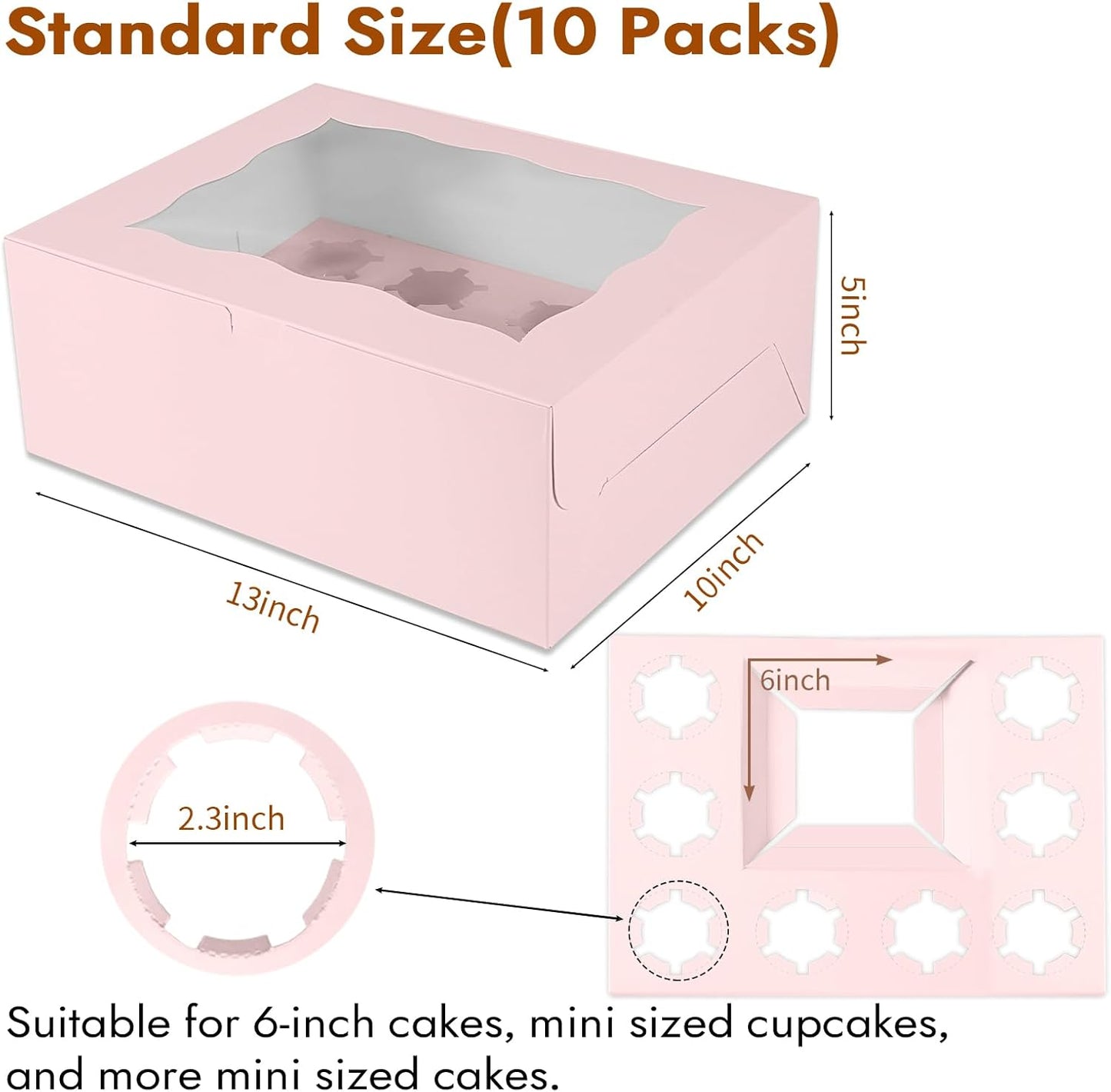 10 Packs Bento Cake and Cupcake Box 3 Holes Fit 2 Cupcakes and 1 Mini Cake Box with Clear Window and Stickers for Cake Cupcake Cookie or Easter and Mother’Day. (1+2/10pcs)