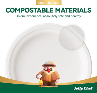 JOLLY CHEF Compostable Heavy Duty Plates 𝟭𝟬 𝗜𝗻𝗰𝗵 [𝟯𝟬𝟬 𝗣𝗮𝗰𝗸] Eco-Friendly Disposable Paper Plates Made of Bagasse Biodegradable Bulk for Party Dinner Sugarcane Thanksgiving Day (Natural)