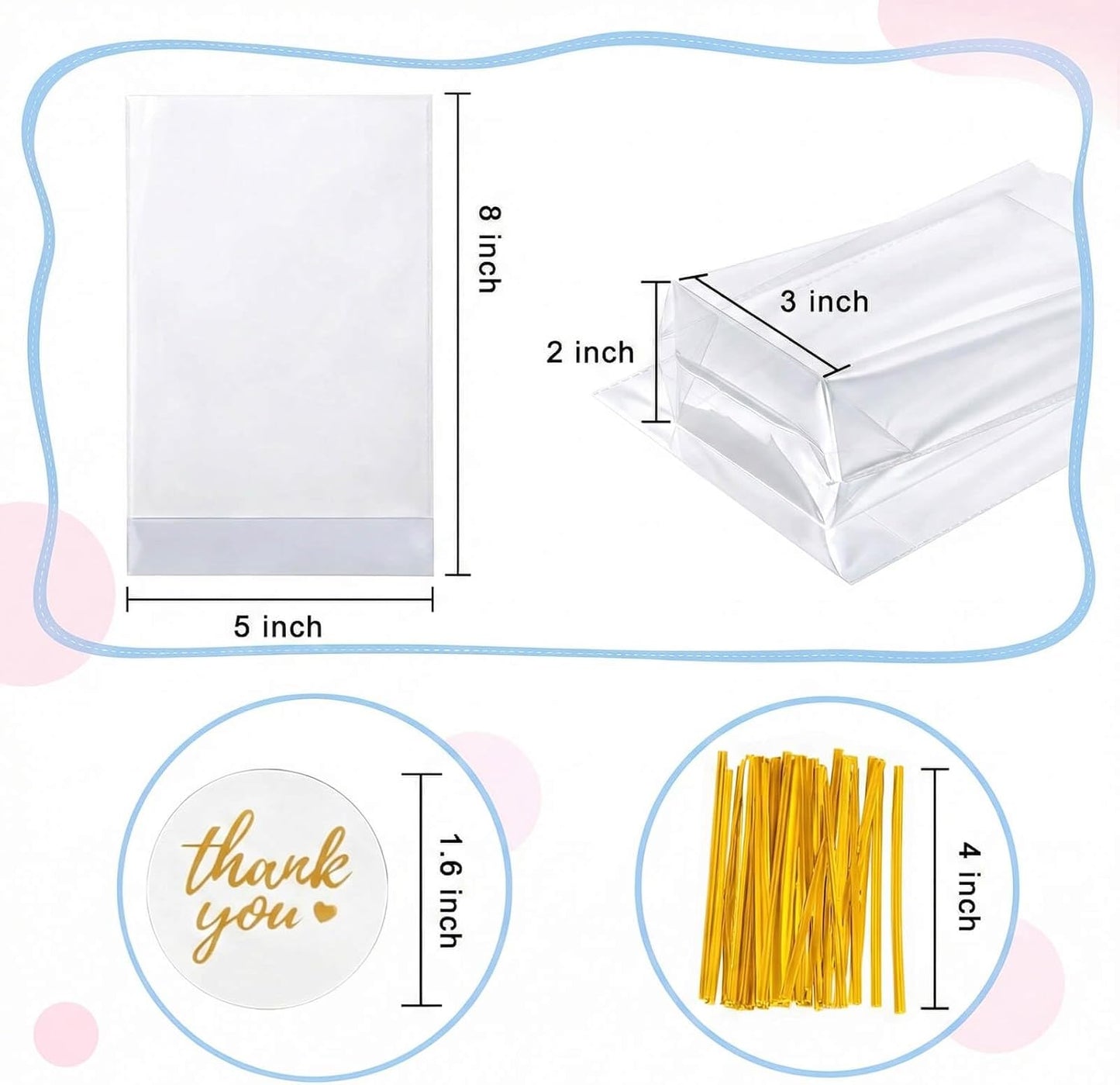 Cellophane Treat Bags, 5x7 Inch Iridescent Cellophane Bags with Thank You Stickers and Twist Ties, Celebrations Baby Showers Weddings Birthday Party Gift Wrapping(Pack of 100)
