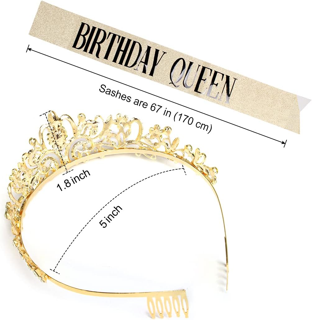 COCIDE Birthday Queen Sash & Rhinestone Tiara Set Gold Happy Birthday Crowns for Women Party Decoration Kit Rhinestone Headband for Women Glitter Crystal Hair Accessories for Cake Topper
