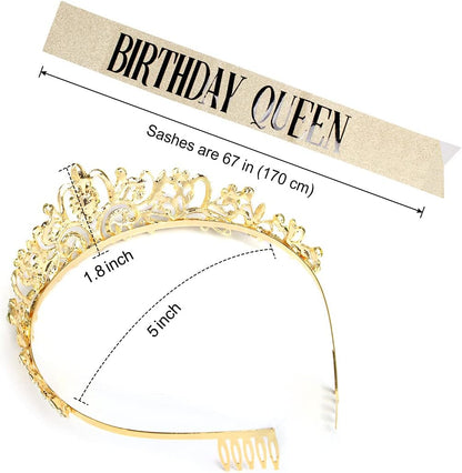 COCIDE Birthday Queen Sash & Rhinestone Tiara Set Gold Happy Birthday Crowns for Women Party Decoration Kit Rhinestone Headband for Women Glitter Crystal Hair Accessories for Cake Topper