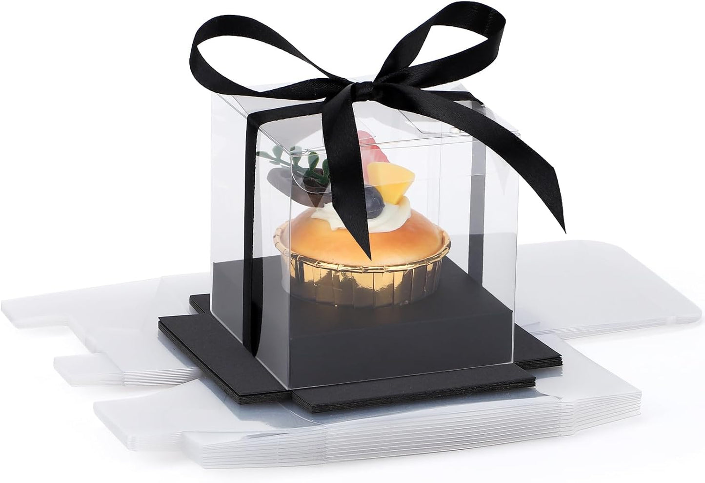 EUSOAR Individual Cupcake Holder, 50pcs 3.5 Inch Plastic Black Cupcake Containers with Lids, Single Transparent Display Clear Cupcake Carrier with Ribbon and Inserts for Wedding Party Favor