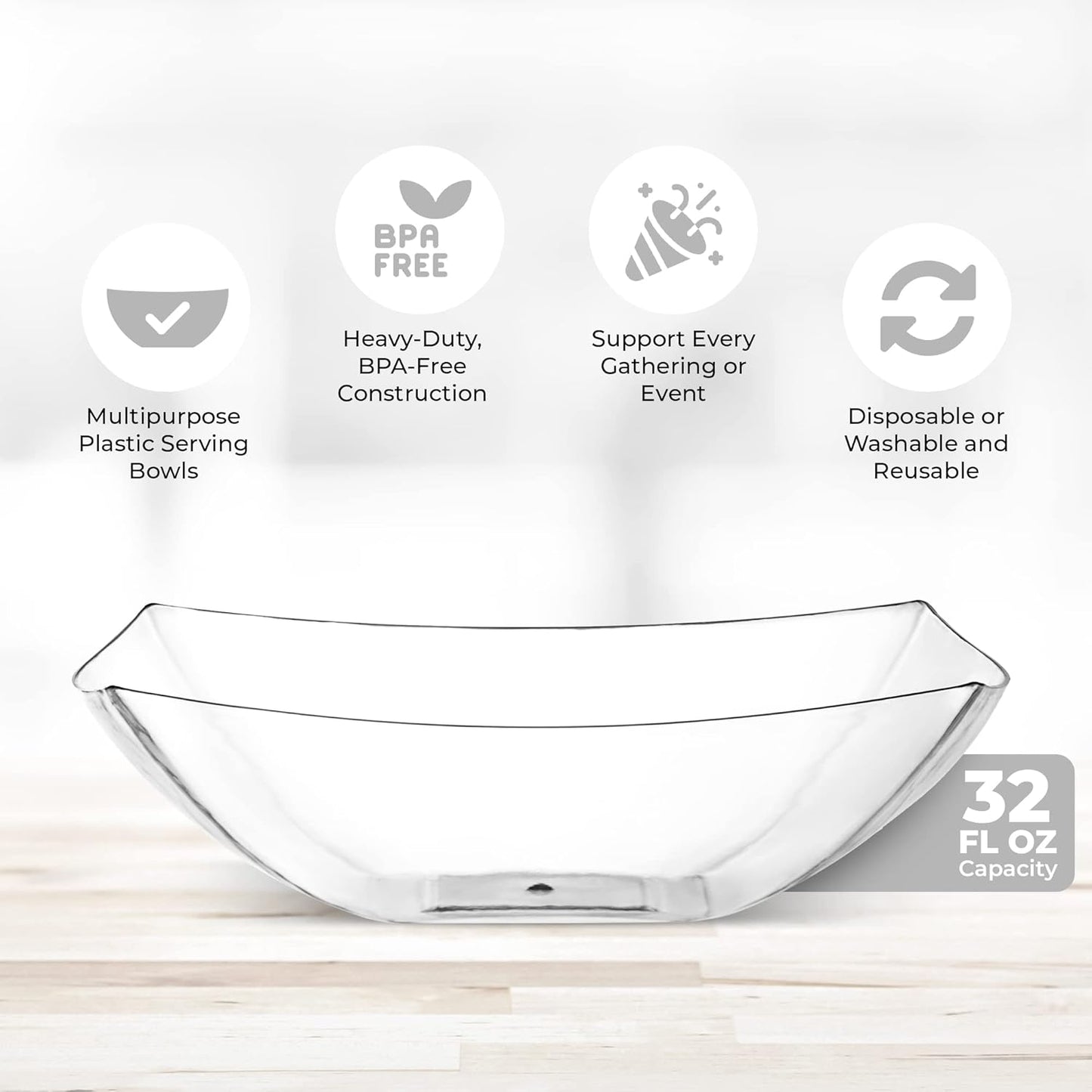 Posh Setting - Clear Plastic Serving Bowls for Party (8oz - 4 Pack) Square, Disposable, Salad & Fruit Bowls for Party Table, Candy Containers for Candy Buffet
