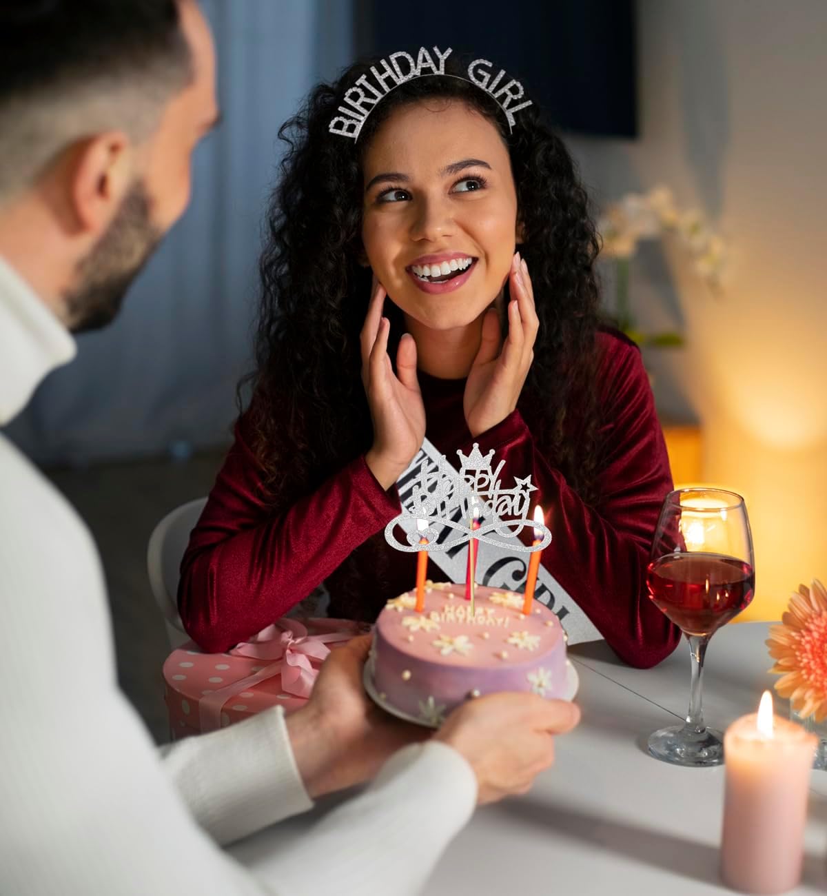 3 Pack Rose Gold Birthday Girl Sash and Rhinstone Headband Set for Women Glittery Cake Topper Happy Birthday Crown&Tiara Accessories Decorations Gifts for Kids.