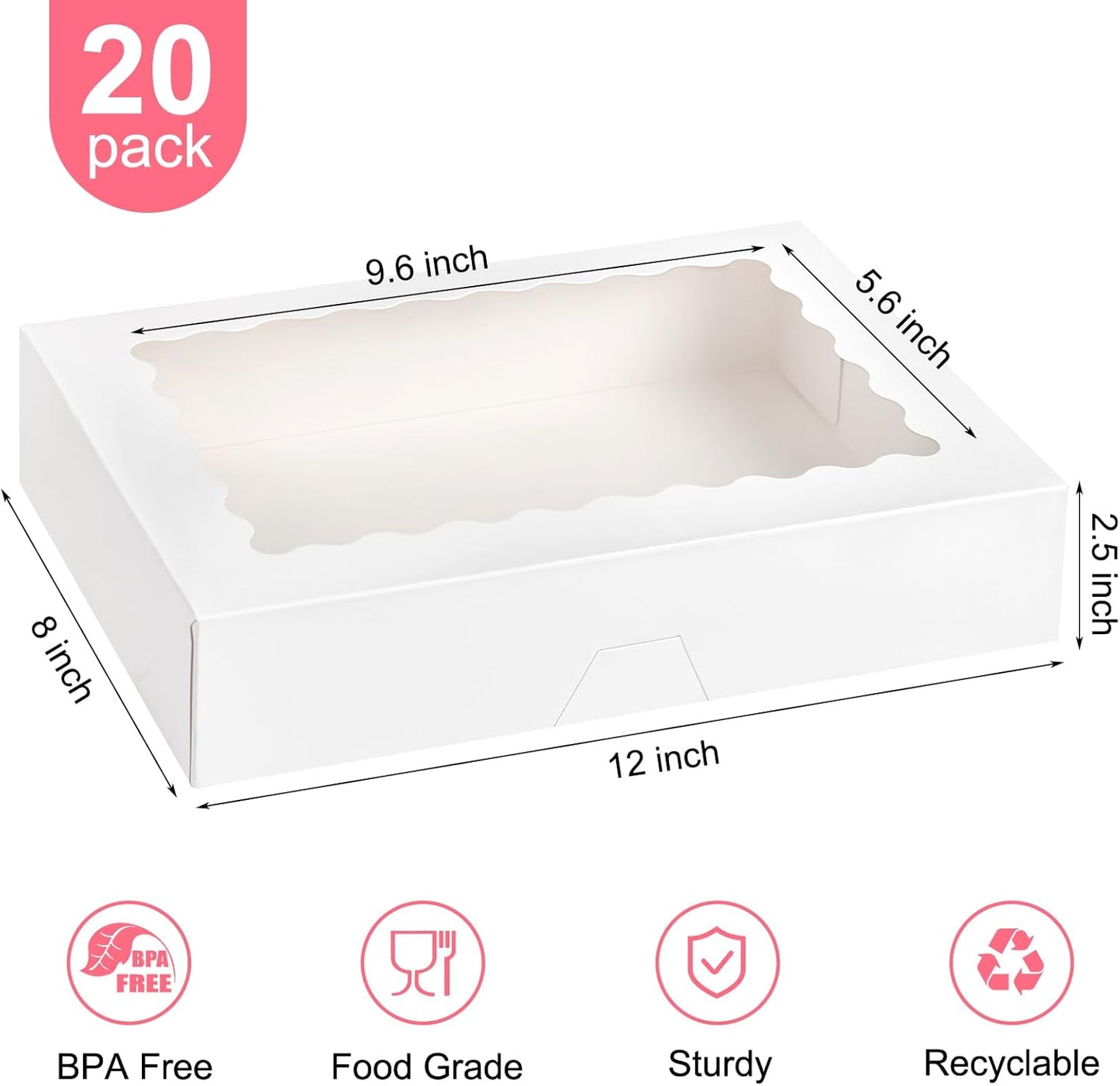 Kucoele 20 PCS Bakery Boxes with Window, 12 x 8 x 2.5 Inches Pastry Boxes Auto-Popup Treat Boxes for Chocolate Covered Strawberries, Cookies, Muffins, Donuts, Breakable Hearts