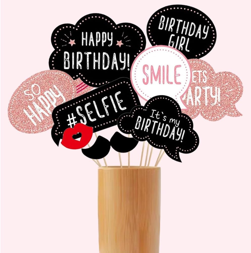 Birthday Photo Booth Props for Women or Girls,30pcs Rose Gold Glitter Funny Selfie Props for Bday Party Decoration Supplies