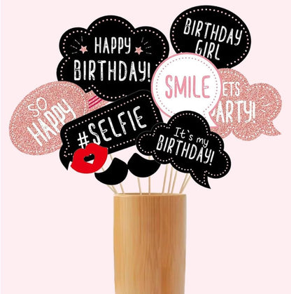 Birthday Photo Booth Props for Women or Girls,30pcs Rose Gold Glitter Funny Selfie Props for Bday Party Decoration Supplies