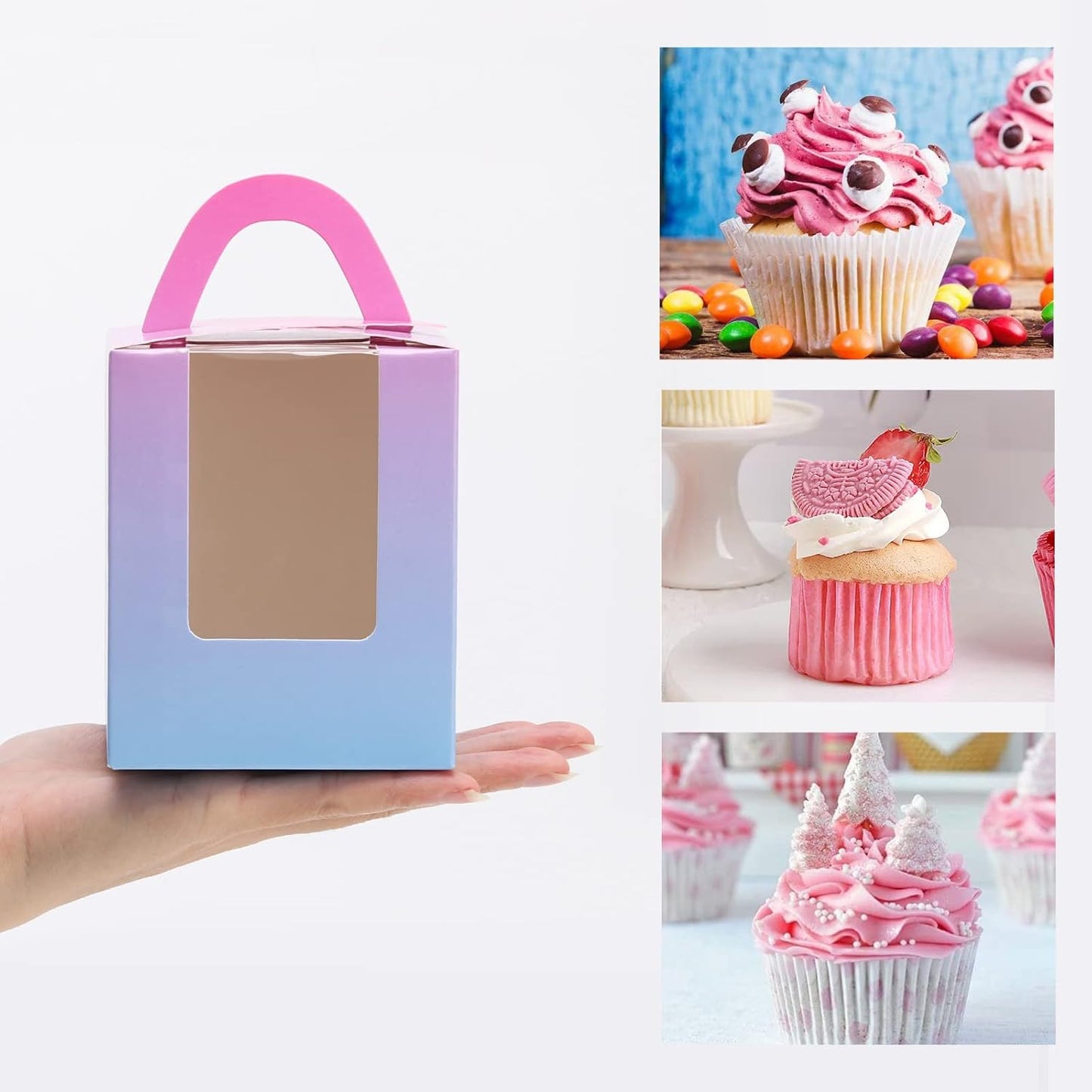 acDesign 100Pcs Cupcake Boxes With Window 3.6in*3.6in*4.3in Single Individual Cupcake Boxes With Handle and Inserts for Wedding Birthday Party Treats Gift,Black