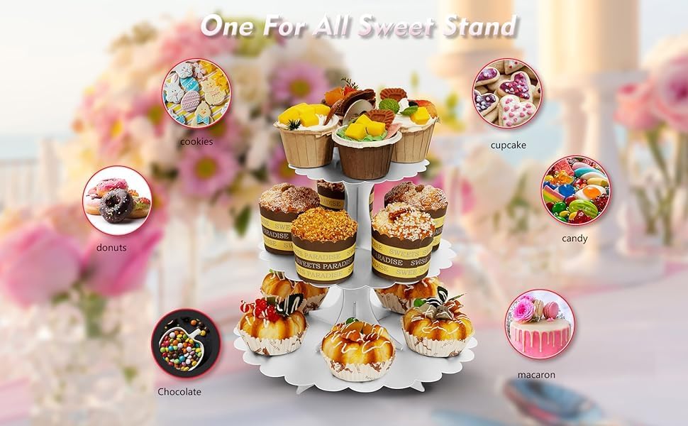 White Cupcake Stand Tower, 3-Tier Cardboard Dessert Display with Heart Handle,Perfect for Birthday Baby Shower Wedding Tea Party Graduation, Easy 60-Second Assembly, Holds 12+Cupcakes (1-Pack)