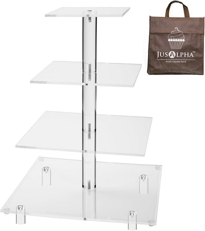Jusalpha Large 4 Tier Cupcake Stand Square Acrylic Cupcake Tower Stand for Dessert, Pastry, Serving Platter-Candy Bar Party Décor and Supply(with Rod Feet) (4SF-V2)
