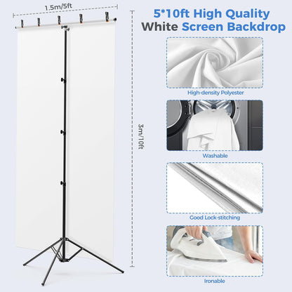 EMART 5 * 6.5ft White Photo Backdrop with Stand Kit for Photography Video Studio，White Screen Photoshoot Background Curtain with T-Shaped Portable Backdrop Stand Carrying Bag 5 Clamps