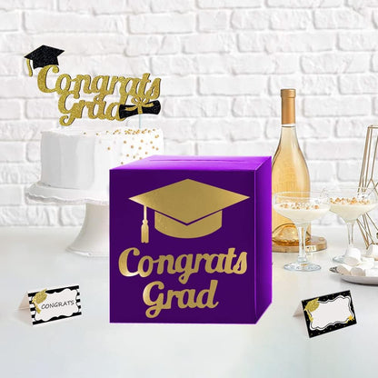 Graduation Card Box Holder, Congrats Grad Foldable Cardboard Decorations Box for Graduation Party Decoration and Grad Parties (Black)