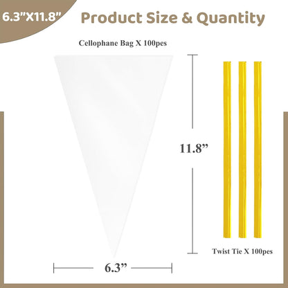 WIKDAY Cellophane Bags 100 PCS 6x10 Inches Clear Gift Gags with Ties Plastic Treat Party Favor Candy Bags for Gift Giving, Packaging Snack, Products