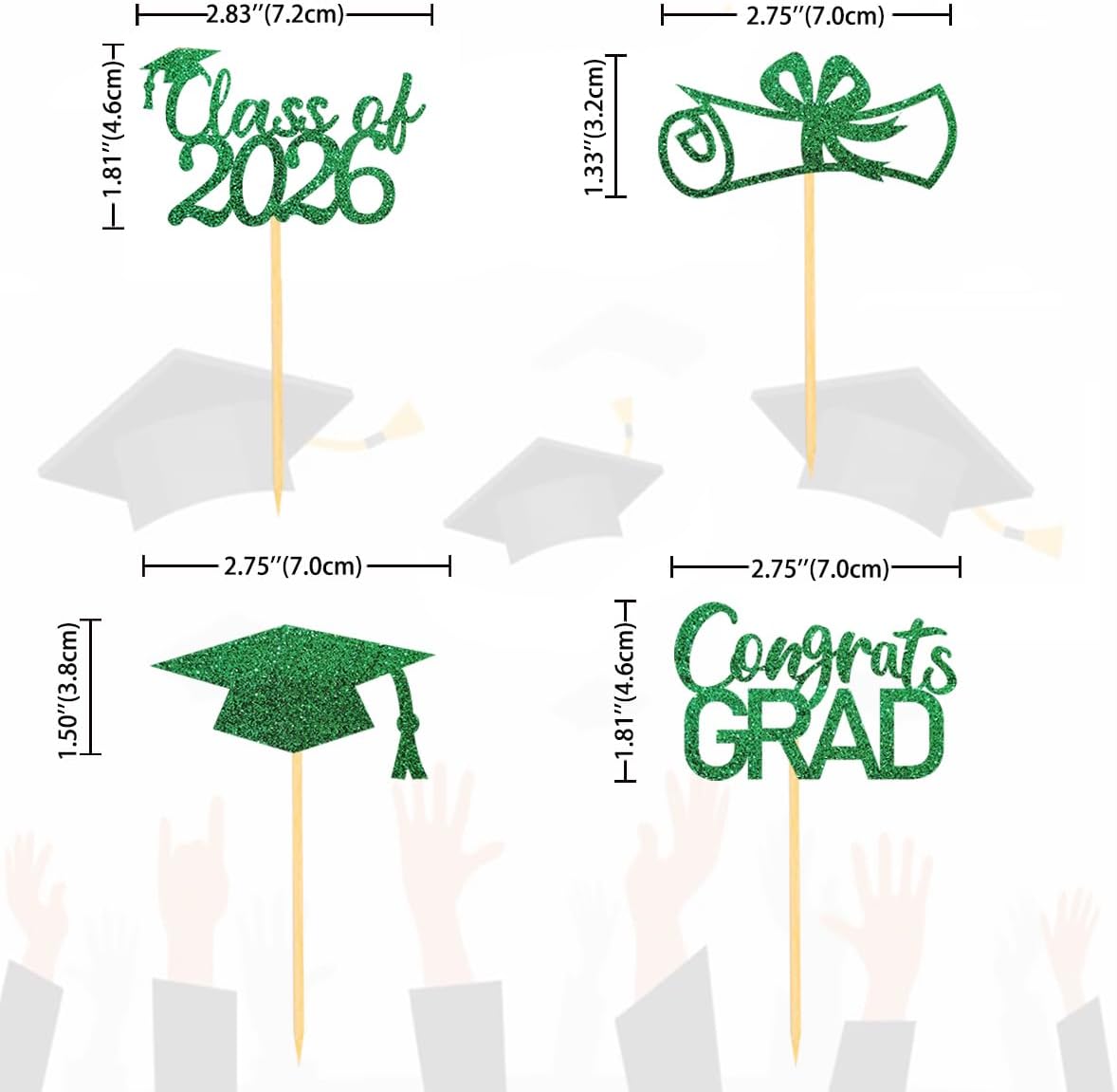 2026 Graduation Theme Cupcake Toppers Glitter Class of 2026 Graduation Cap Diploma Cupcake Picks - Set of 24 (Gold)