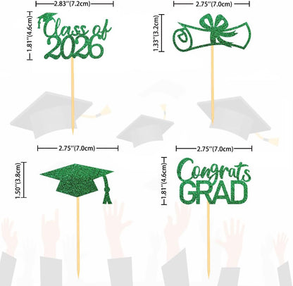 2026 Graduation Theme Cupcake Toppers Glitter Class of 2026 Graduation Cap Diploma Cupcake Picks - Set of 24 (Gold)