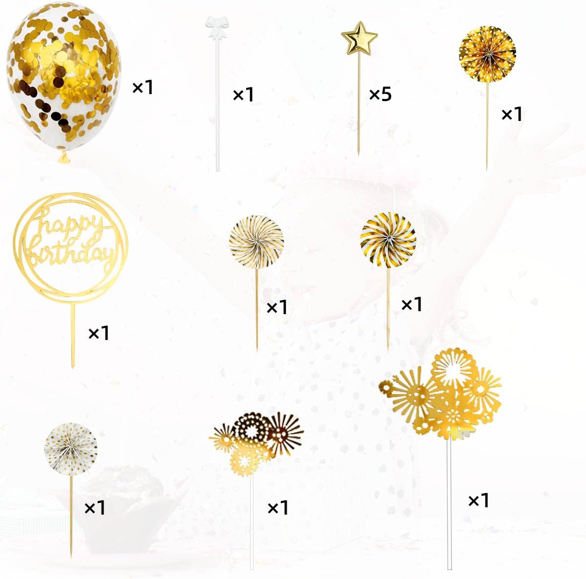 Cake Topper Decoration Set Acrylic Glitter Happy Birthday Cake Topper with Confetti Balloon Paper Fans Stars Firework Cupcake Toppers for Gold Theme Decor Girl Women Birthday Party Supplies (Gold)