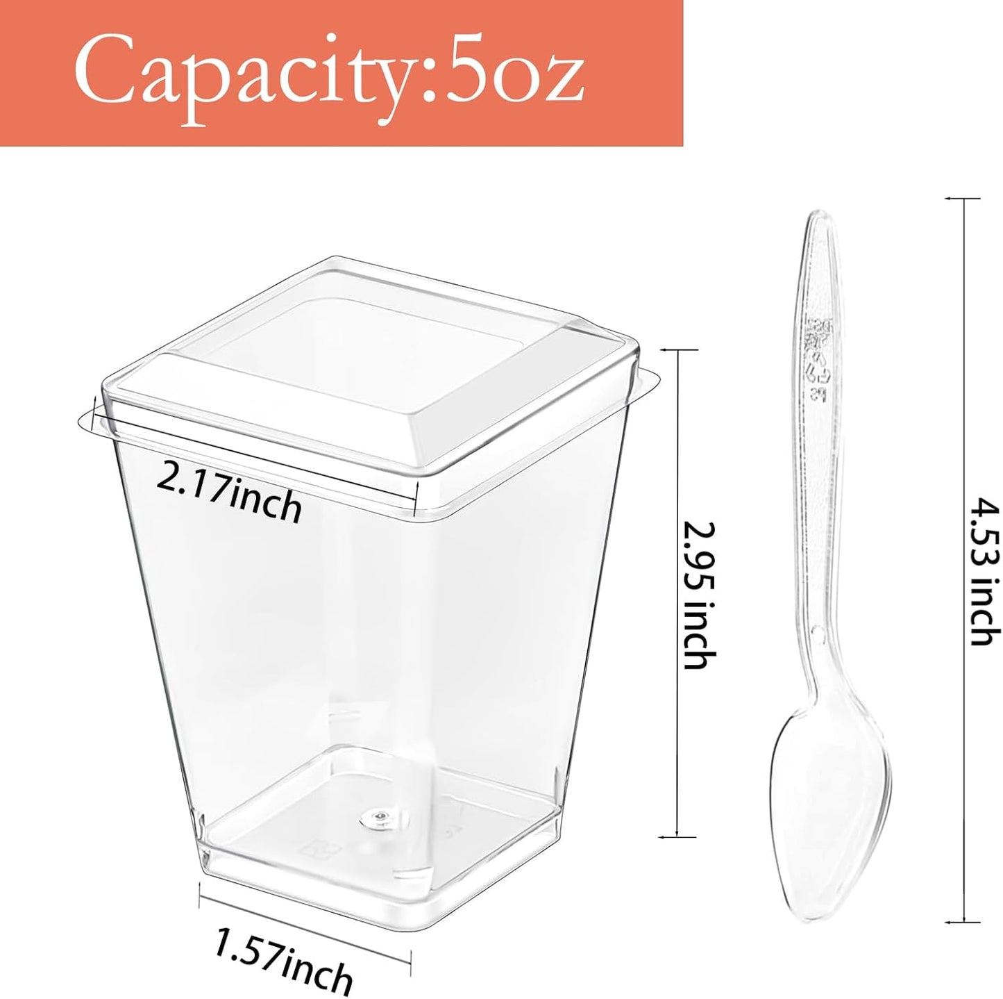 Hiasobre 50Pack 5oz Plastic Dessert Cups with Lids and Spoons, Reusable Clear Parfait Appetizer Cups, Square Party Shooter Serving Cup, Mini Dessert Shot Glasses for Tasting