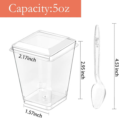 Hiasobre 50Pack 5oz Plastic Dessert Cups with Lids and Spoons, Reusable Clear Parfait Appetizer Cups, Square Party Shooter Serving Cup, Mini Dessert Shot Glasses for Tasting
