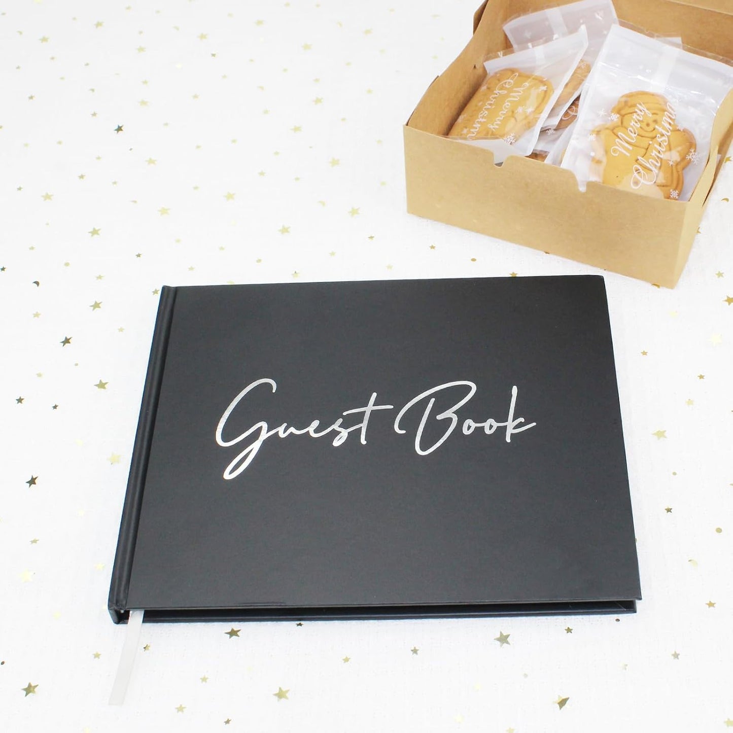 Amonk Premium Black Guest Book for Graduation Party, Weddings, Baby Showers & Special Events - Hardcover Sign in Funeral Memory Book with 100 Lined/Blank Pages & Gold Gilded Edges (9"x7")