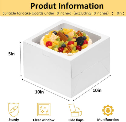 Moretoes 2 Pack Cake Boxes 10 Inch with Boards, 10x10x5 Inches White Cake Carrier Bakery Containers, Disposable Bakery Boxes for Valentine's Day Mother's Day for Cake Cupcake Cookie Pie Pastry