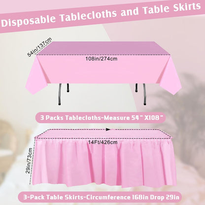 Oudain 6 Pcs Plastic Table Skirts and Stainproof Table Cloths 54 x 108 in Plastic Ruffle Tablecloth 168 x 29 Inches Disposable for Wedding Baby Shower Valentine Spring Easter Party(White)