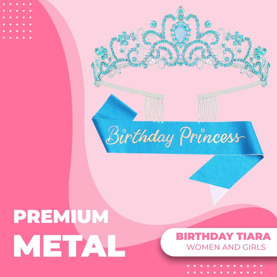 Birthday Tiara Crown with Sash for Women, Headband Hair Accessories for Wedding Party Costume