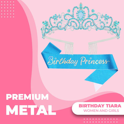 Birthday Tiara Crown with Sash for Women, Headband Hair Accessories for Wedding Party Costume