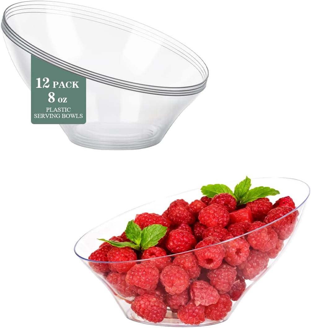 BESTVIP 54oz Clear Plastic Serving Bowls for Party - 12 Pack Angled Disposable Serving Bowls, Party for Chips, Snacks, Fruit, Salad - Bowls for Parties, Daily Use, Catering, Christmas