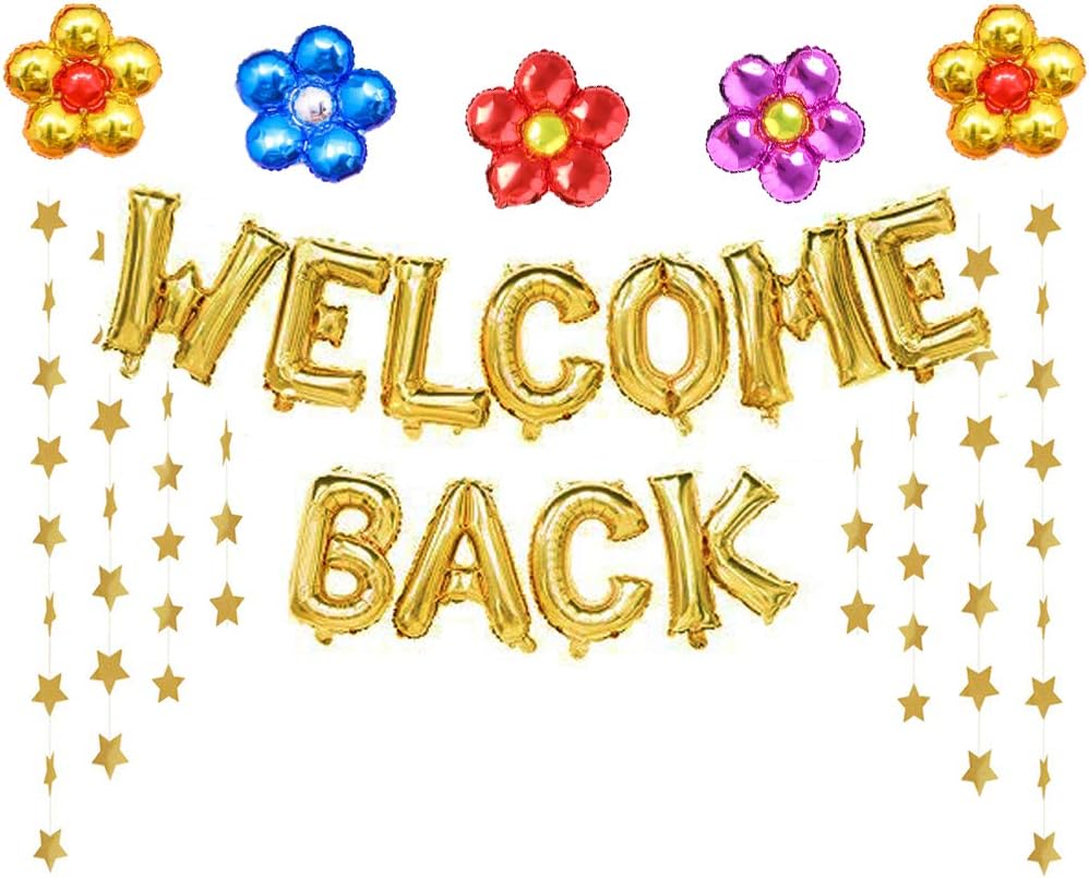 Welcome Back Balloons Gold Welcome Back Banner Back to School Party Supplies with Flower Balloons Star Banners First Day of School Classroom, Wedding, House, Home Decor Decorations