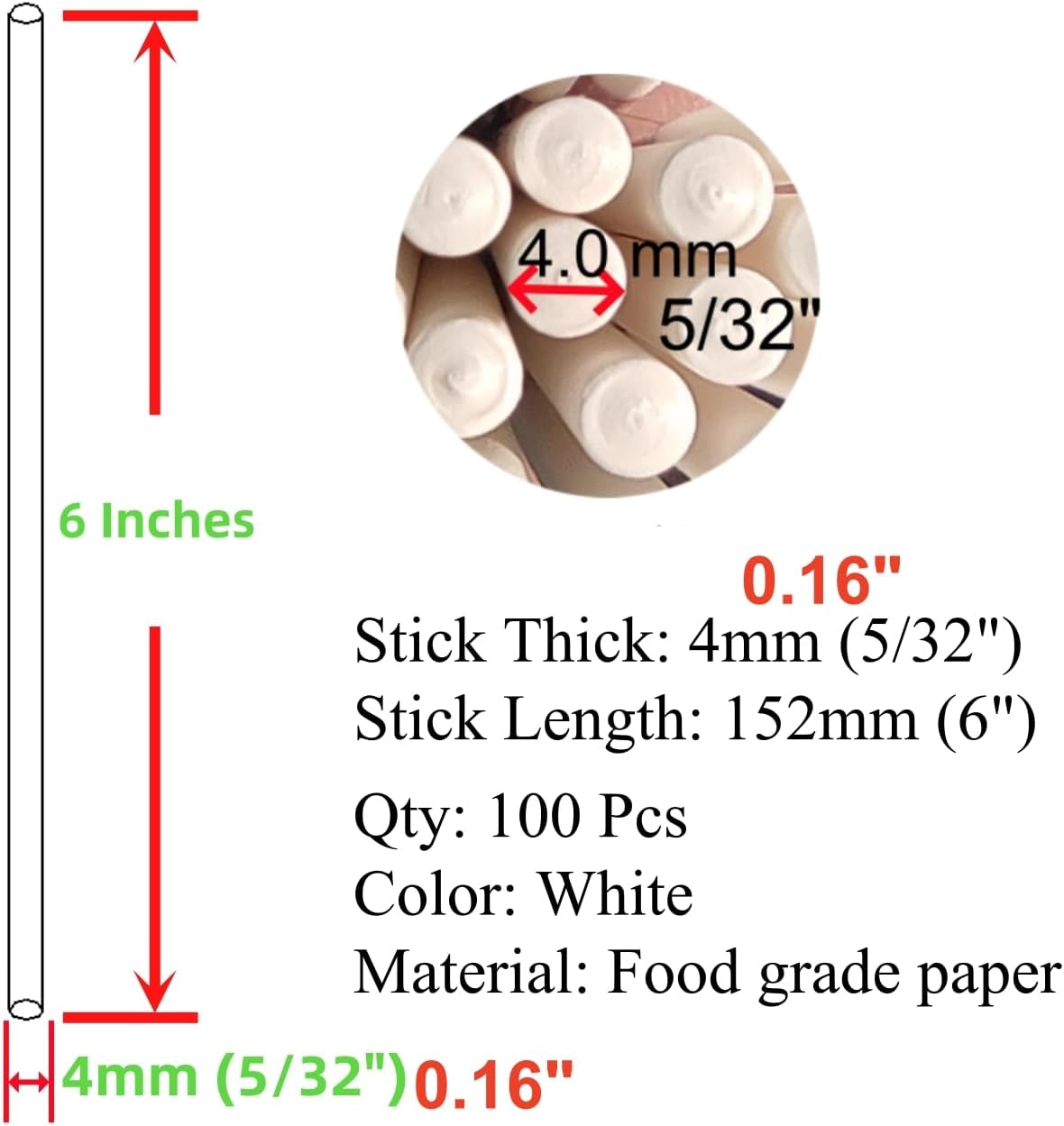 6 INCH Cake Pop Lollipop Sticks, 100 Count, (Dia 4mm, Thick 5/32") Sucker Sticks for Truffles, Cookies, Candy, Chocolate Pop, Cake Topper (Not Craft Wood)