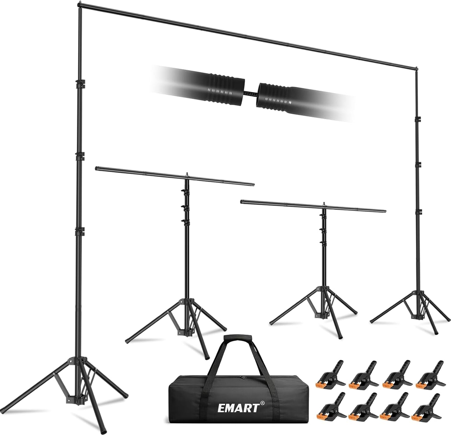 EMART 3-in-1 Backdrop Stand Kit 10x8 ft for Photography Studio, T-Shape Banner Back Drop Stand for Party, Wedding, Dectoration, Background Stand for Photo Video Studio with Carry Bag, 8 Clamps
