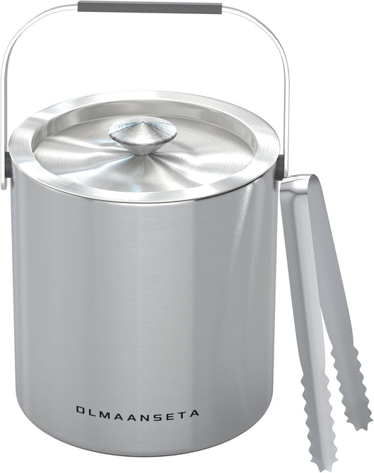 Small Ice Bucket with Lid and Tongs,1.3L Portable Mini Double Walled Ice Cube Bucket for Cocktail Bar Stainless Steel Cute Insulated Ice Buckets for Parties