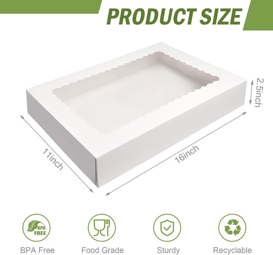 Rarapop 4 Pack Large Cookie Boxes with Window, 16x11x2.5 Inches Auto-Popup Bakery Boxes Treat Boxes for Pastries, Donuts, Pies, Muffins