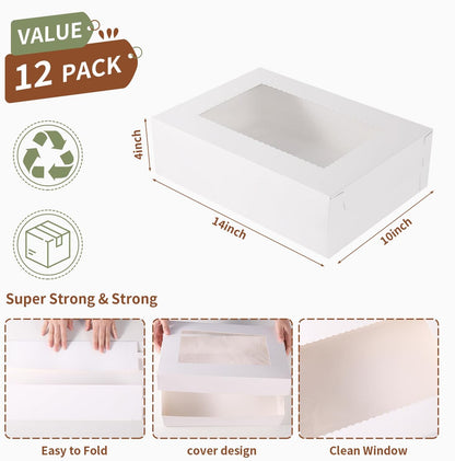 JCD 12pcs 14x10x4in Cake Boxes White Bakery Box Quarter Sheet Cake boxs with Window Large Rectangle Treat Boxes for Cake Pastry Baking Donuts Cupcake Pie Packaging